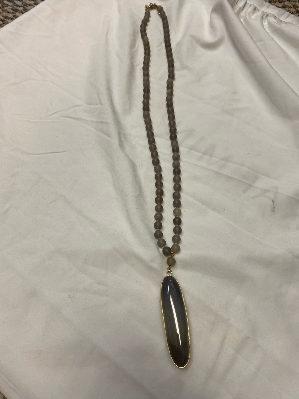 Neutral Beaded Long Necklace with Gray Oval Pendant
